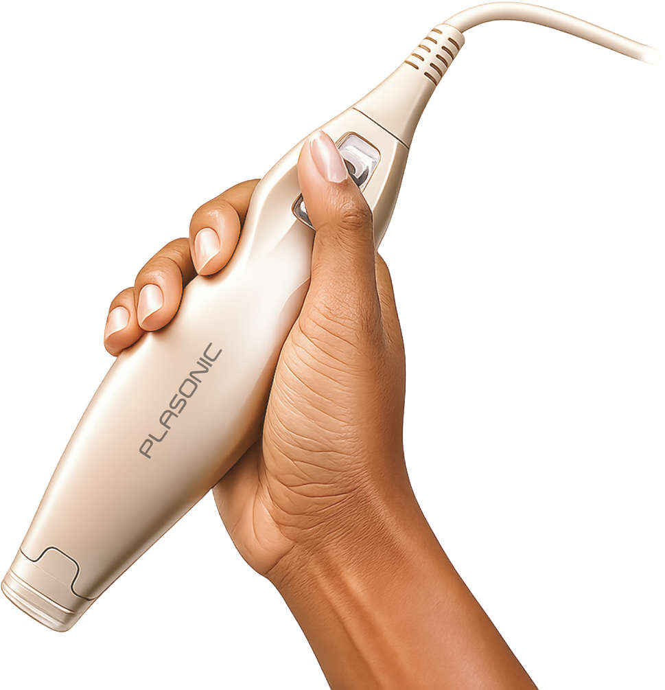Mão segurando handpiece Plasonic